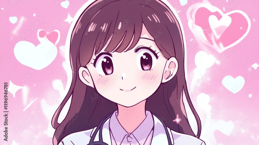 Adorable Anime Doctor Girl, Hearts Background Adorable Anime Doctor Girl, Hearts Background
