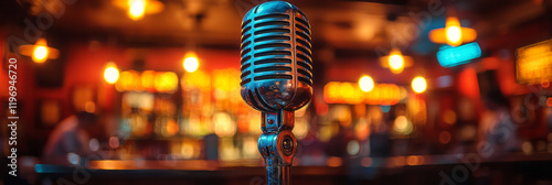 A lively karaoke night at a local bar, with people singing their favorite songs and having fun,