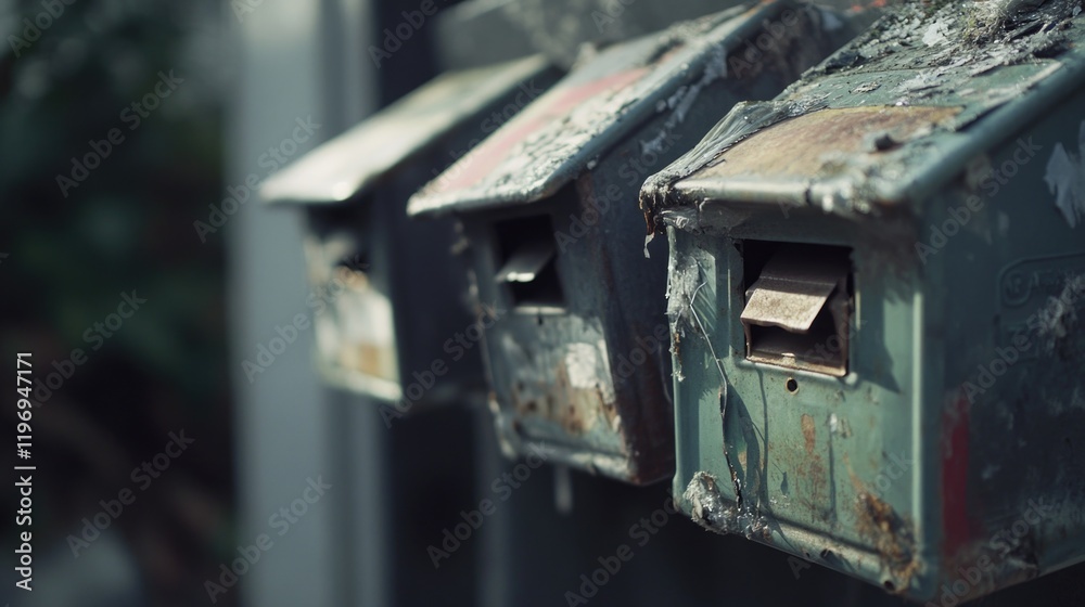 Close-up view of two metal mailboxes with rusted surfaces and worn-out numbers Close-up view of two metal mailboxes with rusted surfaces and worn-out numbers