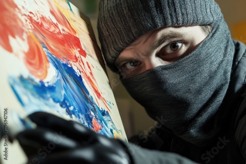 A person wearing a mask holds a painting, ready to create art