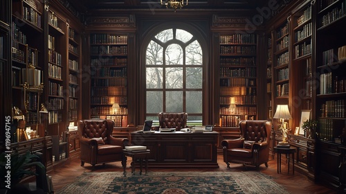 Luxurious library with large window, leather chairs, and wooden desk.