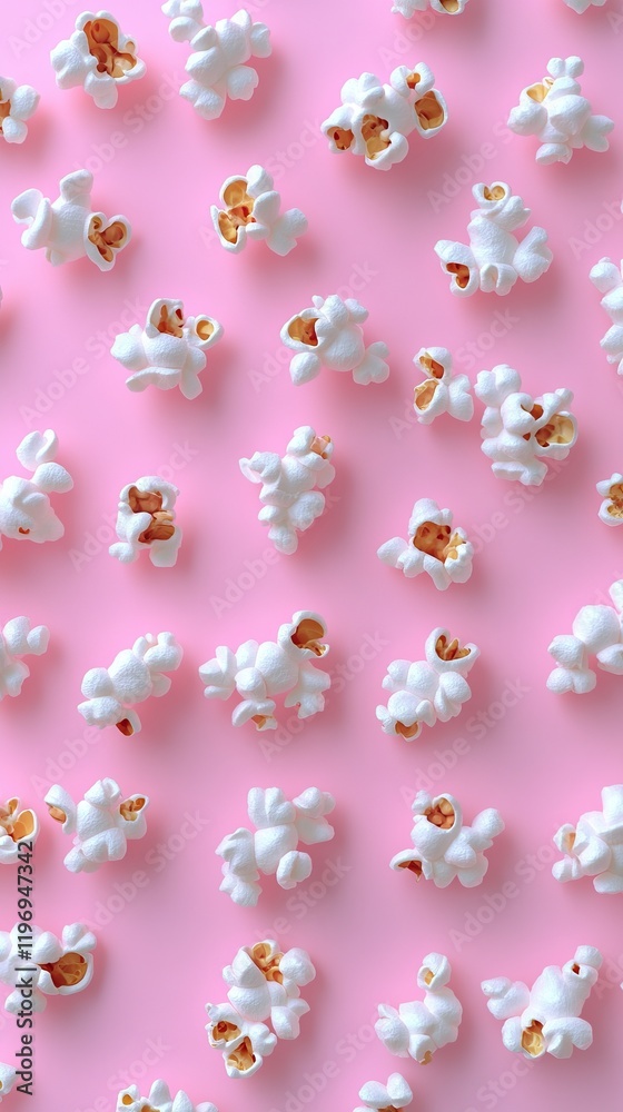 A Delicate Arrangement of Fluffy Popcorn on a Vibrant Pink Background for a Perfect Movie Night A Delicate Arrangement of Fluffy Popcorn on a Vibrant Pink Background for a Perfect Movie Night