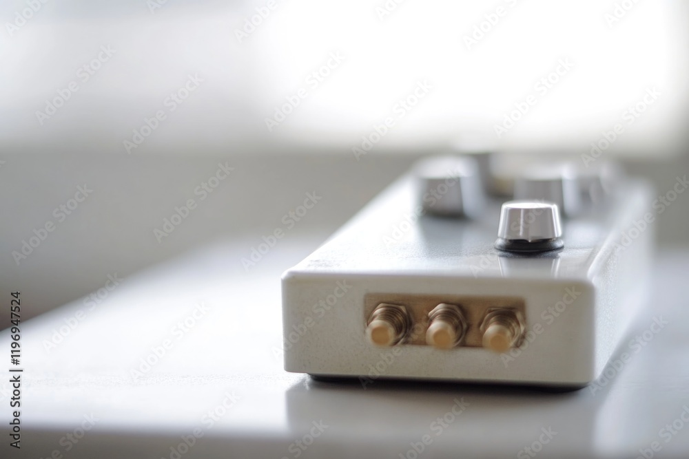 A close-up shot of a guitar pedal on a table, great for music-related contexts A close-up shot of a guitar pedal on a table, great for music-related contexts