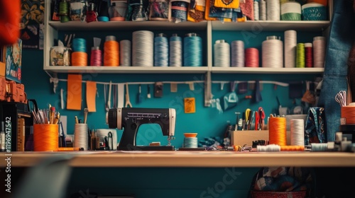 Sewing Machine Workspace Colorful Threads, Fabrics, and Tools photo