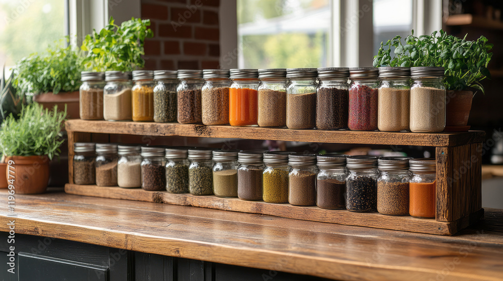 Fototapeta premium A bright kitchen showcasing a homemade spice rack made from reclaimed wood, organized with colorful spice jars,