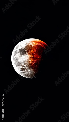 A dramatic lunar eclipse showing the moon partially in shadow with a fiery orange hue.