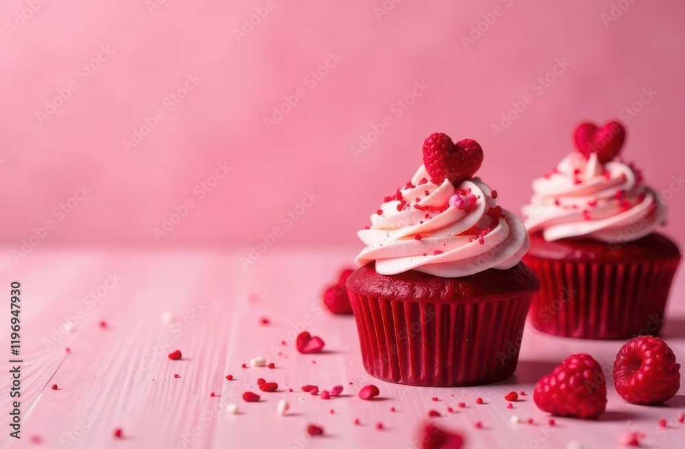 cupcakes with red velvet frosting and tiny heart decorations on pink background cupcakes with red velvet frosting and tiny heart decorations on pink background