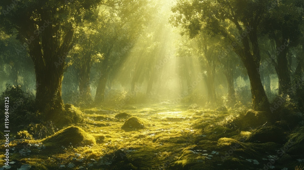A tranquil forest scene with rays of sunlight filtering through the trees, A tranquil forest scene with rays of sunlight filtering through the trees,
