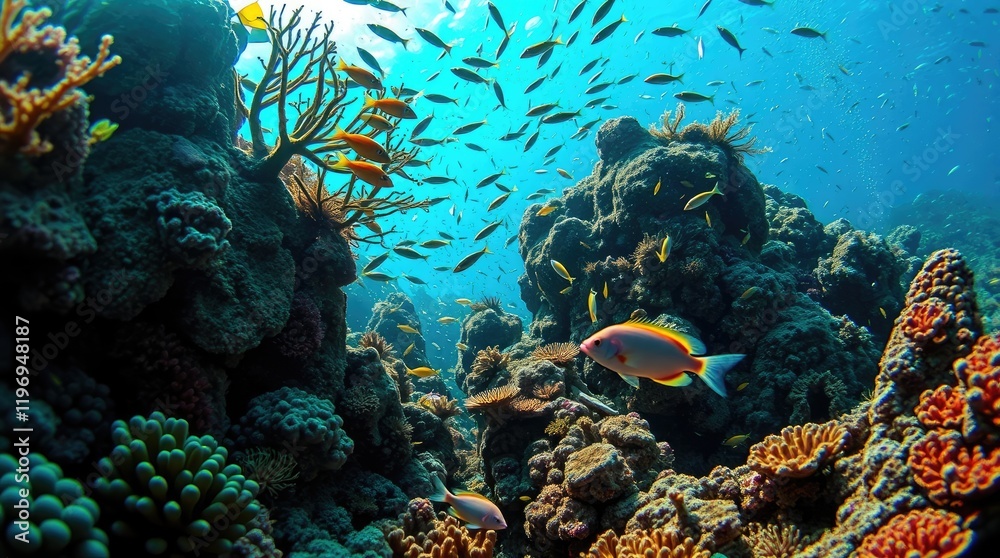 Naklejka premium underwater scene, vibrant coral reef teeming with exotic fish, bright saturated colors, energetic movement