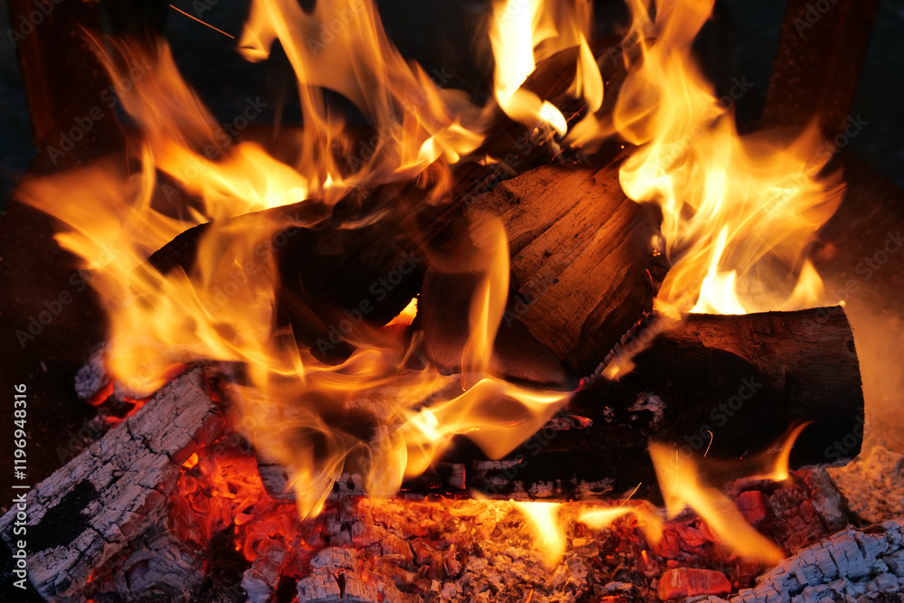 Burning Firewood with Glowing Embers Burning Firewood with Glowing Embers