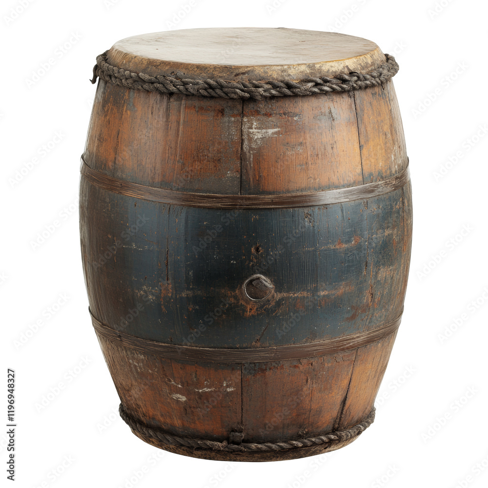 Obraz premium A weathered antique wooden barrel drum with rope detailing, possibly of cultural or historical significance.