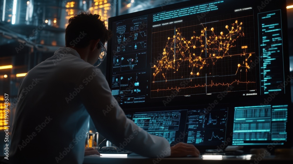 Researcher Analyzing Advanced Medical Data on High-Tech Equipment Researcher Analyzing Advanced Medical Data on High-Tech Equipment