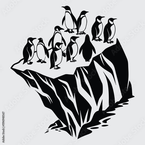 penguin colony on an iceberg image silhouette vector art and illustration