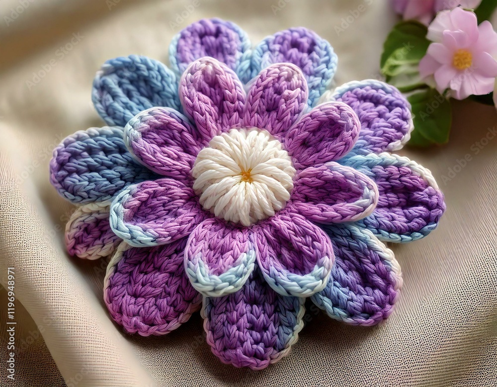 Detailaufnahme einer Häkelblume – Kreative DIY-Handarbeit in Pastellfarben Detailaufnahme einer Häkelblume – Kreative DIY-Handarbeit in Pastellfarben