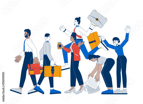 Workplace with busy employees diverse 2D illustration concept. Office workers walking, holding briefcases, multitasking cartoon characters isolated on white. Metaphor abstract flat vector graphic