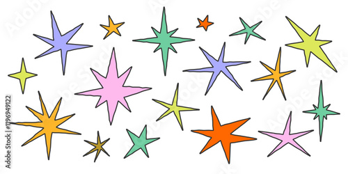 Doodle childish crayon quirky stars. Vector illustration of light sparks in sketchy freehand drawing style. Colorful starry elements for grunge banner, collage, poster.