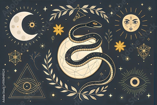 Vector snake set of mystical magic objects- moon, eyes, constellations, sun and stars. Spiritual occultism symbols, esoteric objects. photo