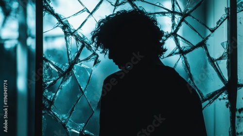 Shattered Glass, Silhouette, Person, Despair, Broken, Darkness, Teal, Fragmented, Vulnerable, Emotio photo