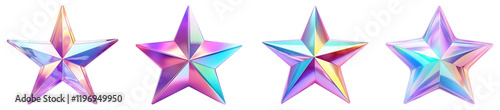 3D vibrant iridescent star shape png cut out element set, transparent background photo