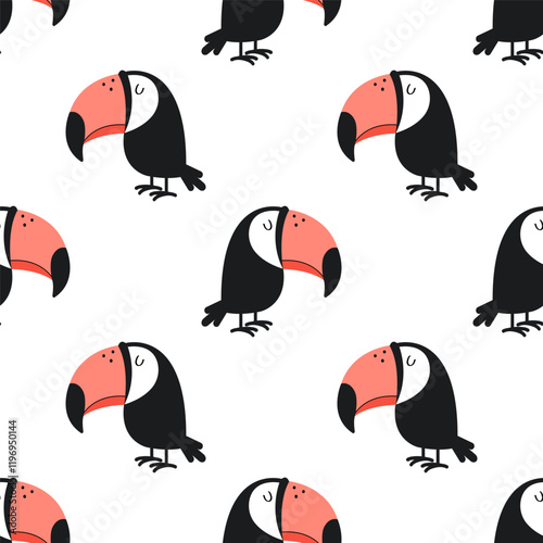 A cute seamless pattern with black and white toucan birds. Fun tropical print. Background, wallpaper, textile, wrapping paper template.