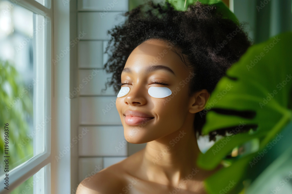 African American girl applying eye gel masks, anti-aging skincare African American girl applying eye gel masks, anti-aging skincare