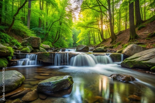 Hamilton's waterfall: minimalist serenity.  Forest stream, tranquil scene.
