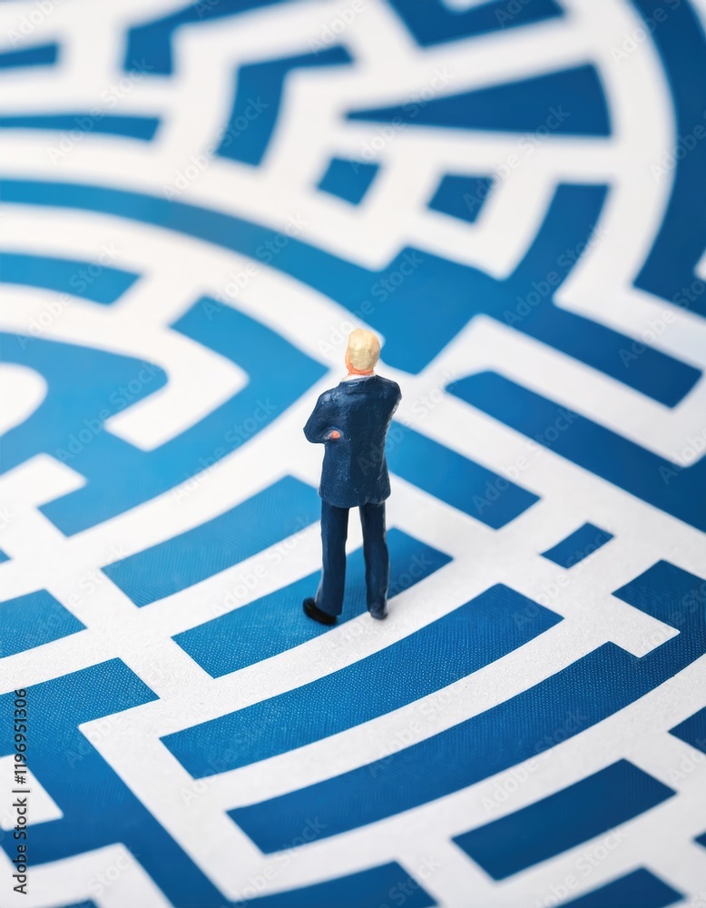 businessman stands facing a complex maze pattern, symbolizing challenges and decision-making in professional life businessman stands facing a complex maze pattern, symbolizing challenges and decision-making in professional life