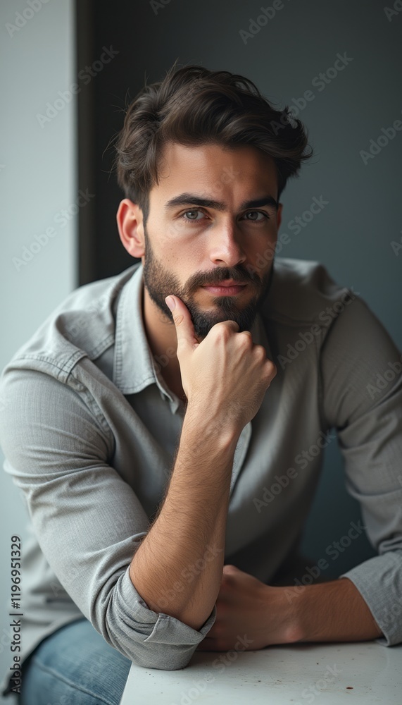 Fototapeta premium A handsome young man with a well-groomed beard rests his chin on his hand, exuding confidence and contemplation. His piercing gaze and casual attire create an atmosphere of modern sophistication and