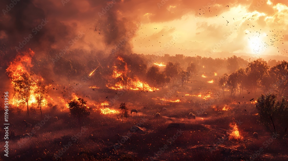 Fototapeta premium Devastating wildfire engulfs forest landscape dusk scene nature photography catastrophic environment aerial view climate crisis