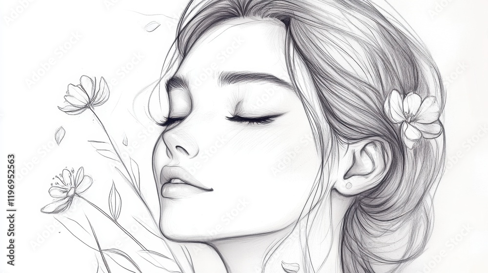 Fototapeta premium Lupus Alert Day Serenity and beauty in floral pencil sketch of a peaceful woman's profile