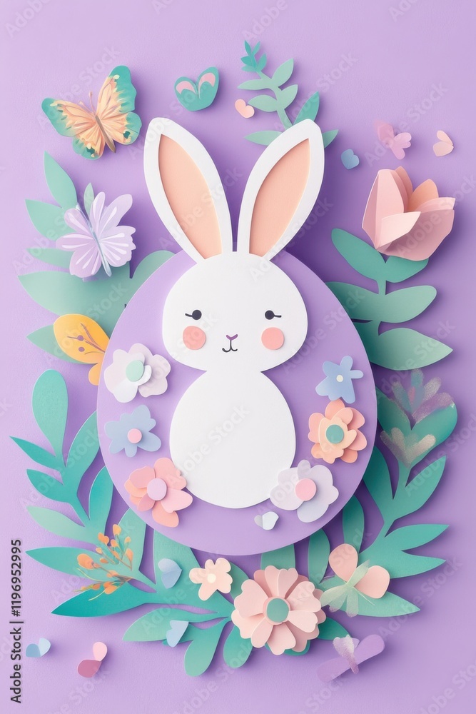 Obraz premium Easter egg and Easter bunny cut out of paper. Lilac pastel colours. Greeting card
