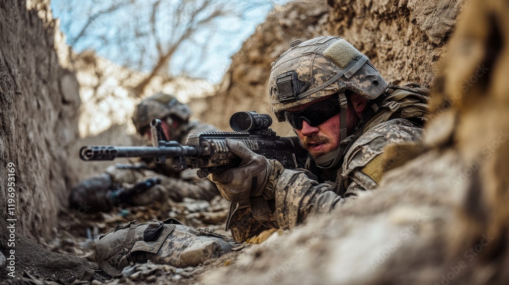 Fototapeta premium Soldier Combat Operation Desert Ambush, Military Weapon, Army Gear