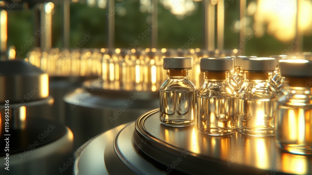 Vaccine vial production in shiny factory setting during golden hour Vaccine vial production in shiny factory setting during golden hour
