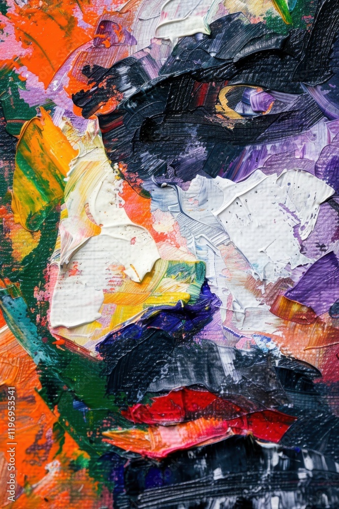 Fototapeta premium Abstract colorful face in thick acrylic paint strokes close-up