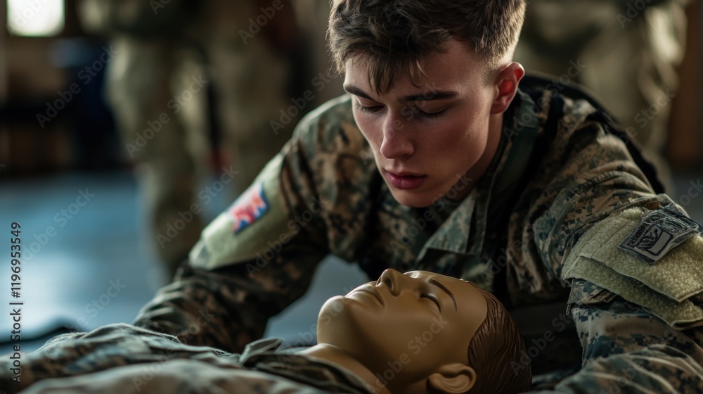 Fototapeta premium Military Medic Training Combat Casualty, Practicing CPR, Care Simulation