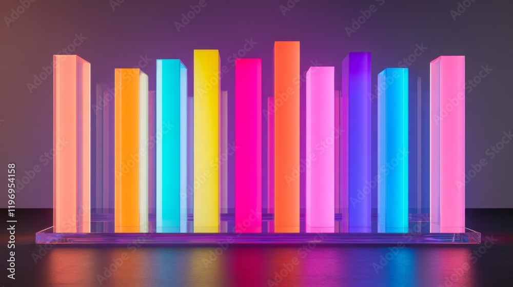 D bar graph with vibrant colors, arranged in ascending order on a transparent glass base, with soft ambient lighting D bar graph with vibrant colors, arranged in ascending order on a transparent glass base, with soft ambient lighting