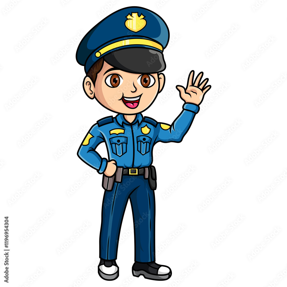 Cartoon smiling policeman waving hand
Cartoon smiling policeman waving hand