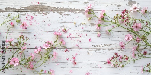 close up shabby chic stem branch border frame flower flora rustic flat lay vintage pink white wall wood plank top view arrangement