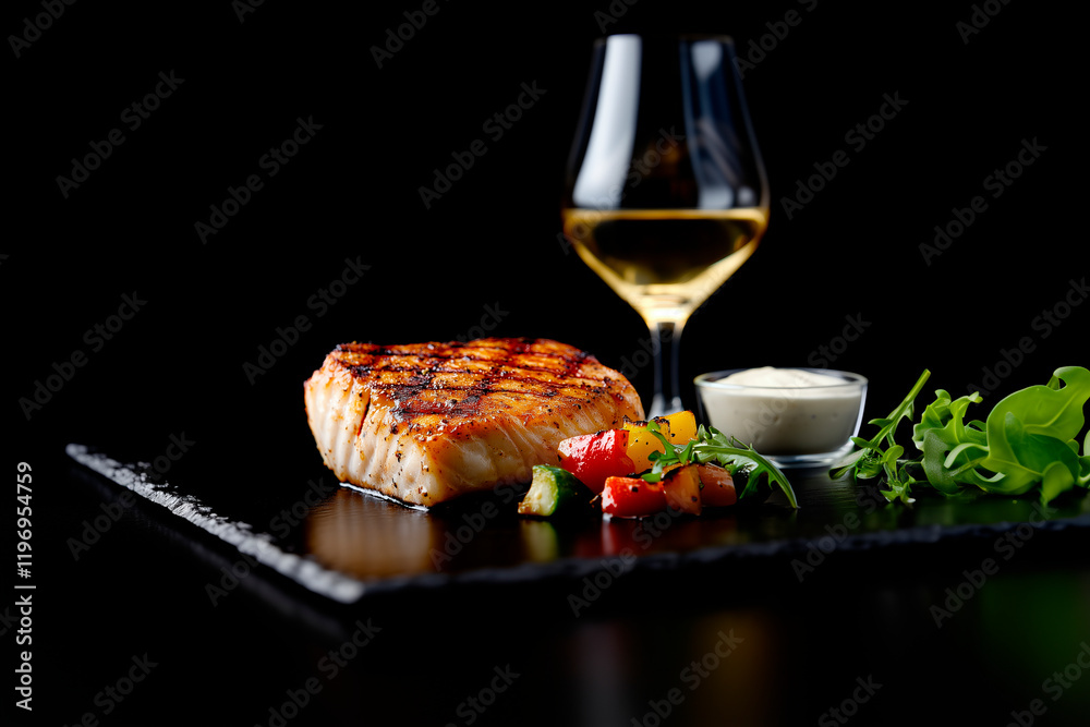 grilled red fish steak with vegetables, a glass of wine and white sauce in the background, black background grilled red fish steak with vegetables, a glass of wine and white sauce in the background, black background