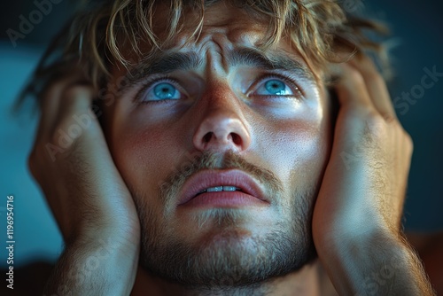 A close-up view of a man's hands covering his head, conveying frustration or anxiety