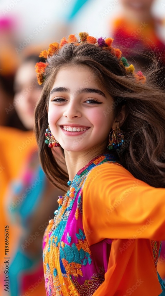 Fototapeta premium Joyful young girl in vibrant traditional attire celebrates cultural heritage with a bright smile and happy spirit