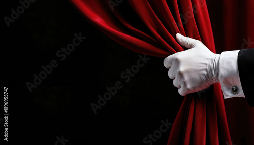 A gloved hand gently opens a rich red velvet curtain on black backdrop, a moment of excitement, hinting at a captivating performance ahead. World theatre day. Copy space. Show bill banner template photo