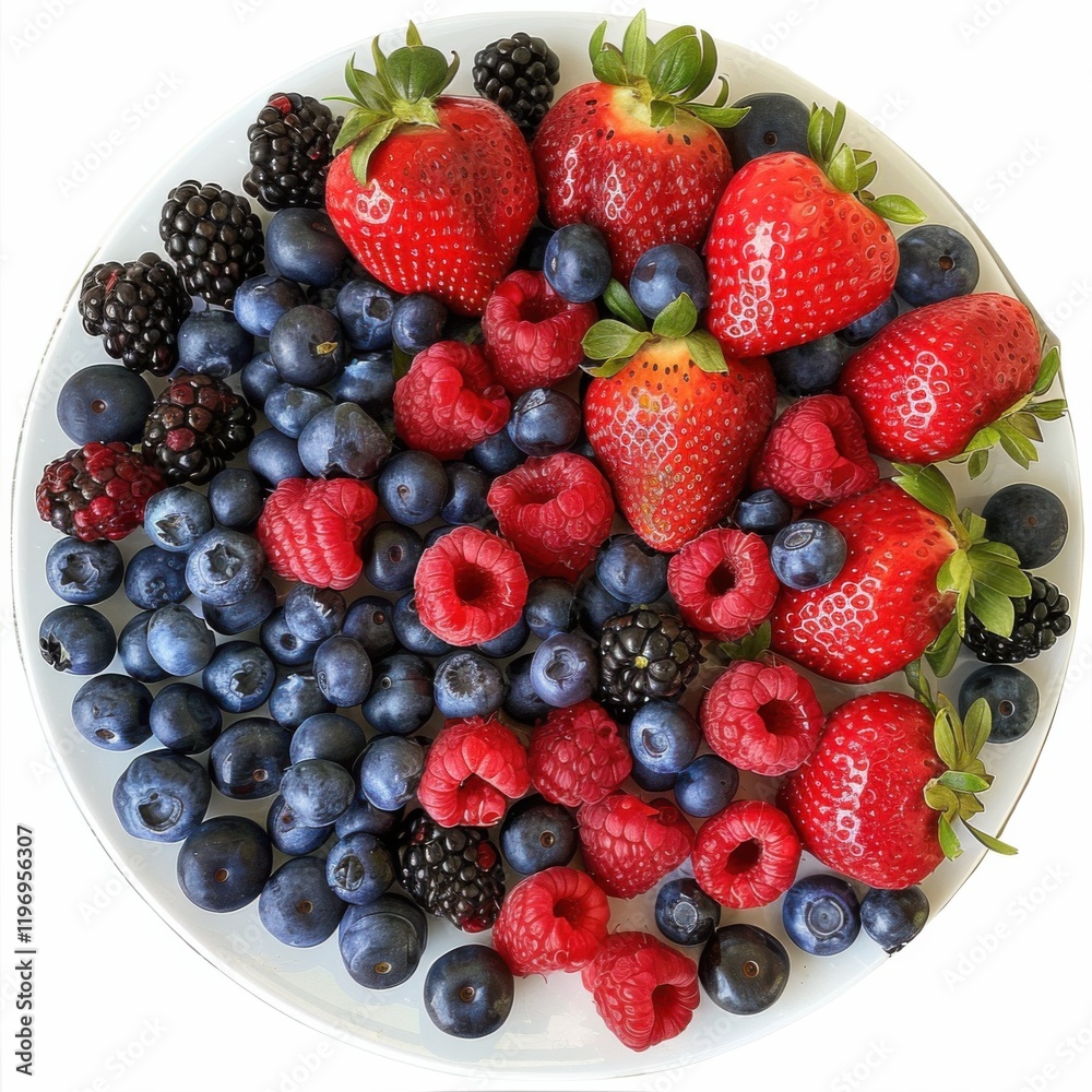A platter of assorted fresh berries including strawberries, blueberries, and blackberries