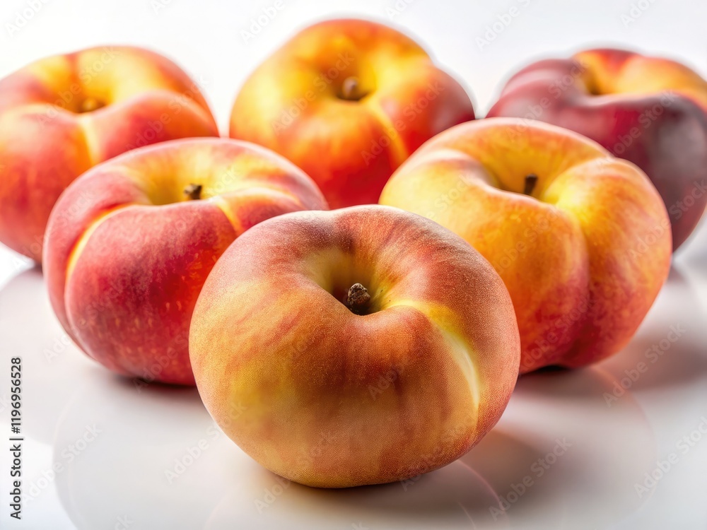 Juicy peach slices & glazed donuts arranged on a pristine white backdrop. Juicy peach slices & glazed donuts arranged on a pristine white backdrop.
