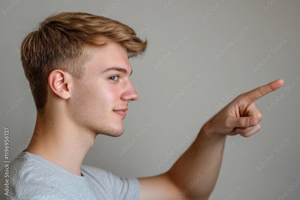 A young man pointing at something with his finger A young man pointing at something with his finger