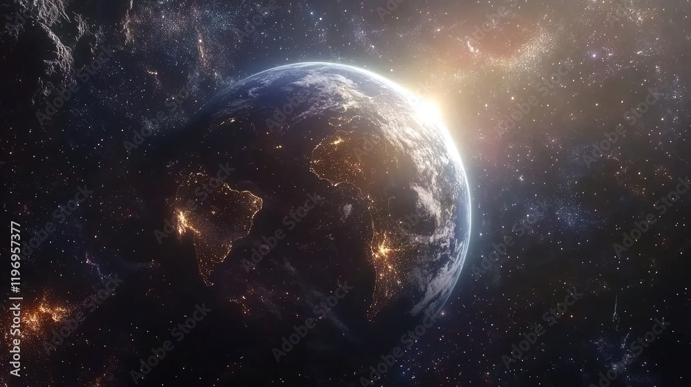 Earth from a distant perspective in space, surrounded by stars and illuminated by the sun. Earth from a distant perspective in space, surrounded by stars and illuminated by the sun.