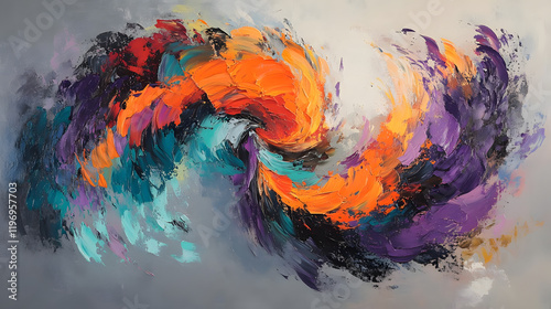 A dynamic abstract featuring a spiral of vibrant brushstrokes in colors like orange, purple, and teal, set against a muted gray background to highlight the movement 