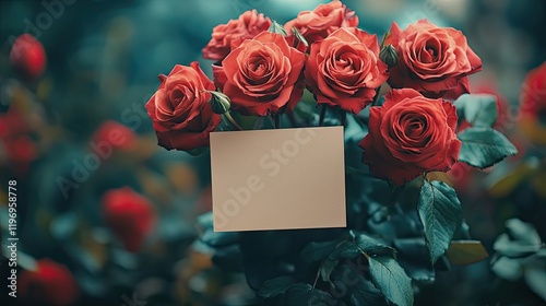 Romantic Red Roses with Blank Note and Soft Vignette Effect photo