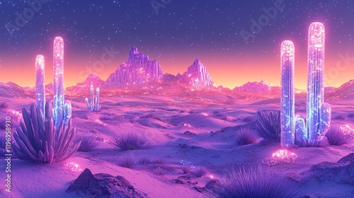 A surreal desert with glowing golden dunes and sparkling pink and purple cacti