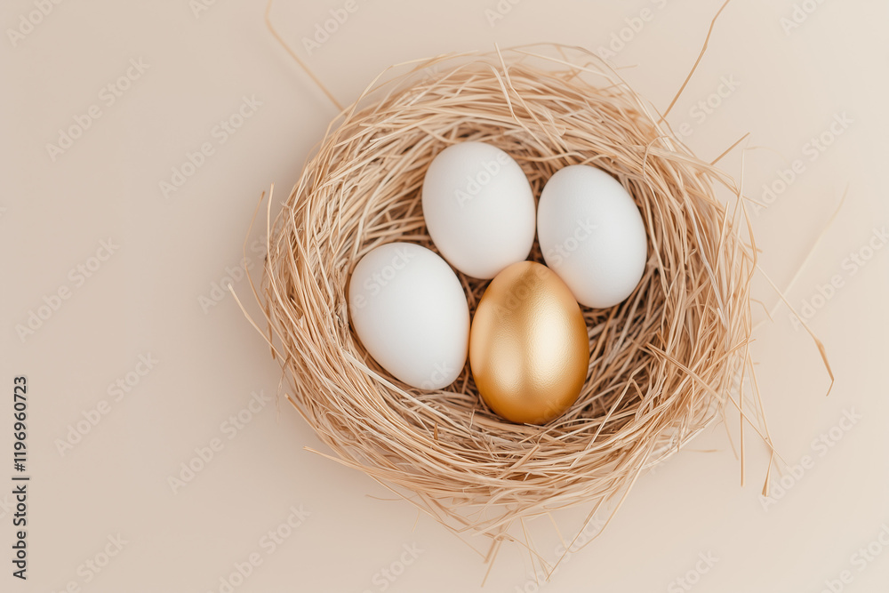 A beautiful composition of a golden egg surrounded by three white eggs, resting in a natural straw nest on a soft beige background A beautiful composition of a golden egg surrounded by three white eggs, resting in a natural straw nest on a soft beige background